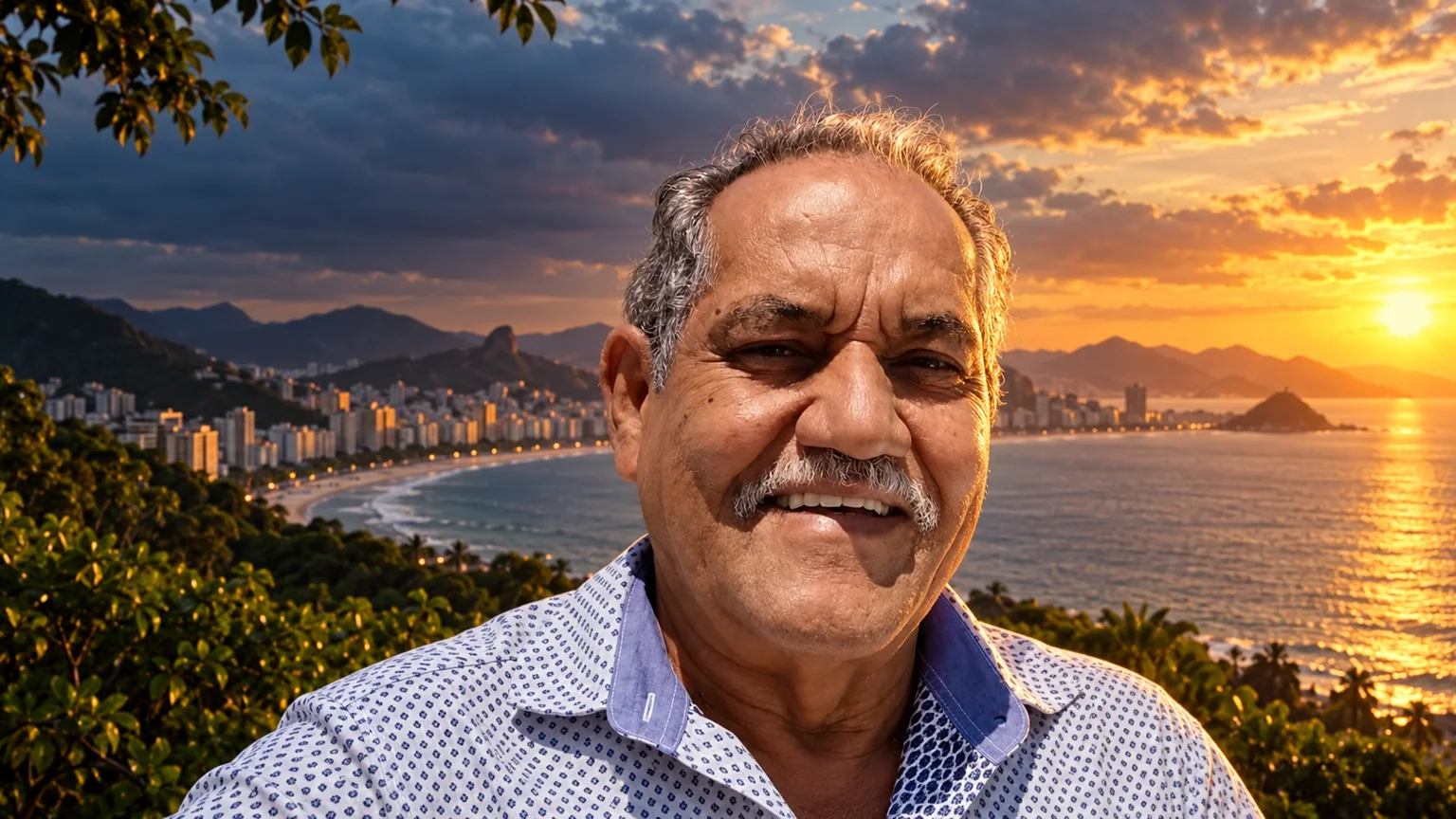 Composição artística a partir do retrato original de Roberto Farias, sobre litoral ao pôr do sol